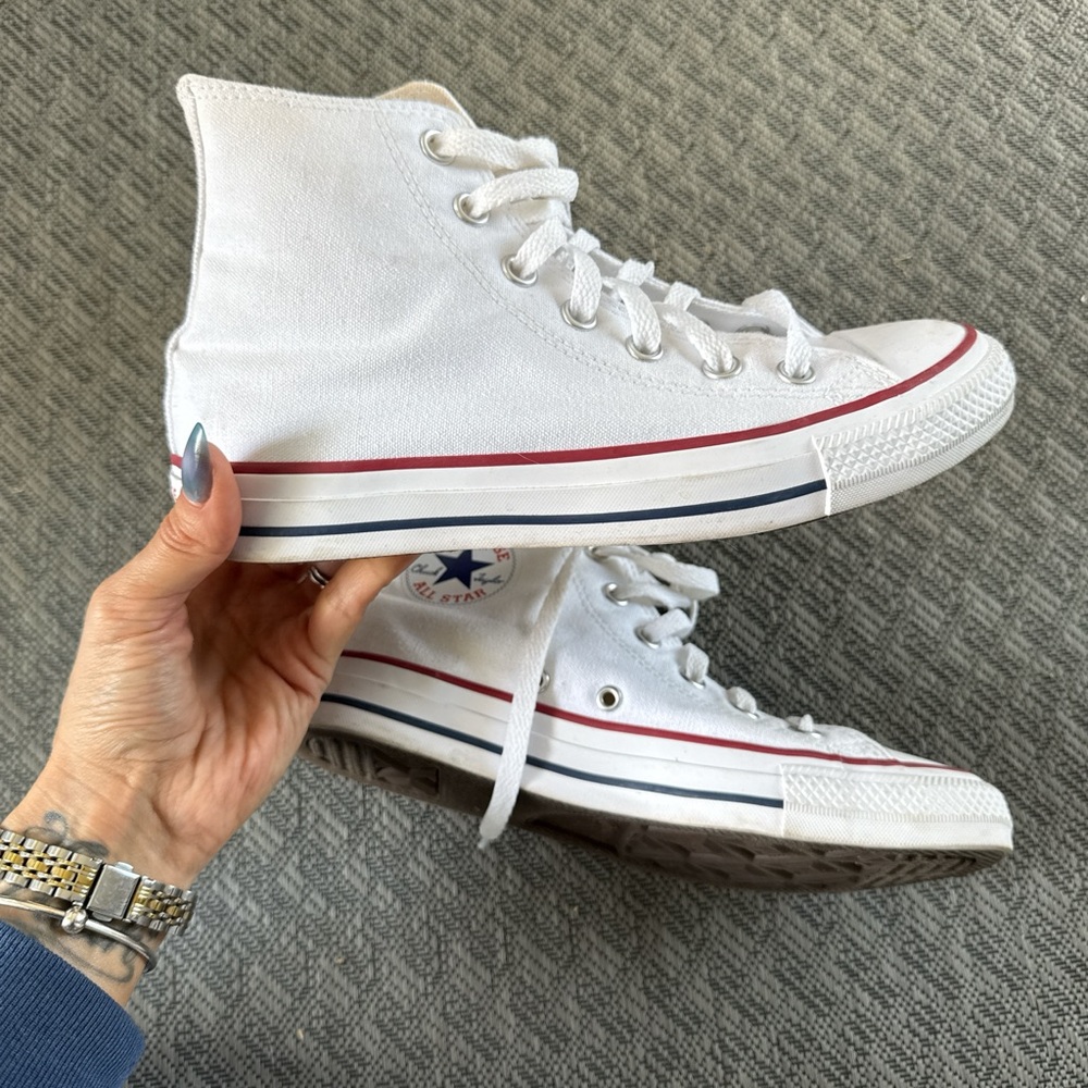 White High-Top Sneakers with Red and Blue Accents